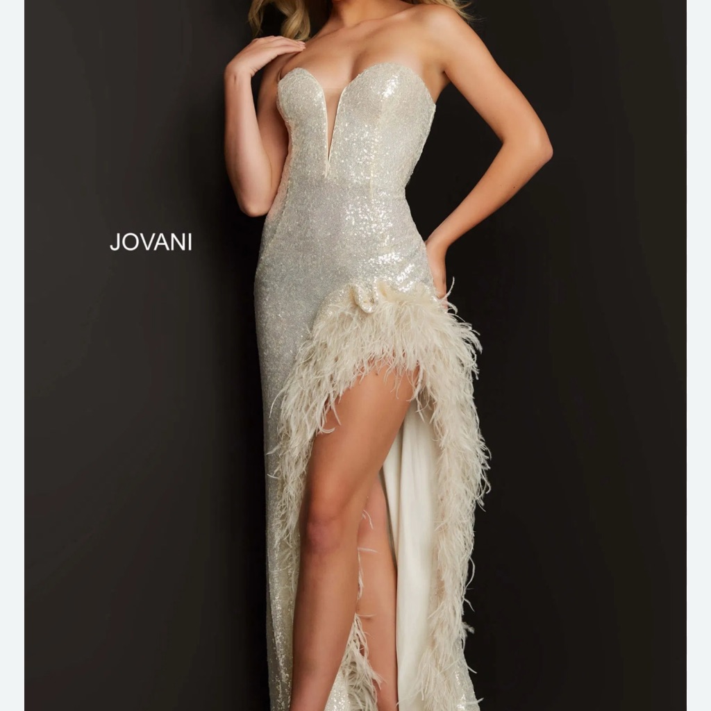 Jovani Ivory Sequin Dress With Feather Accent